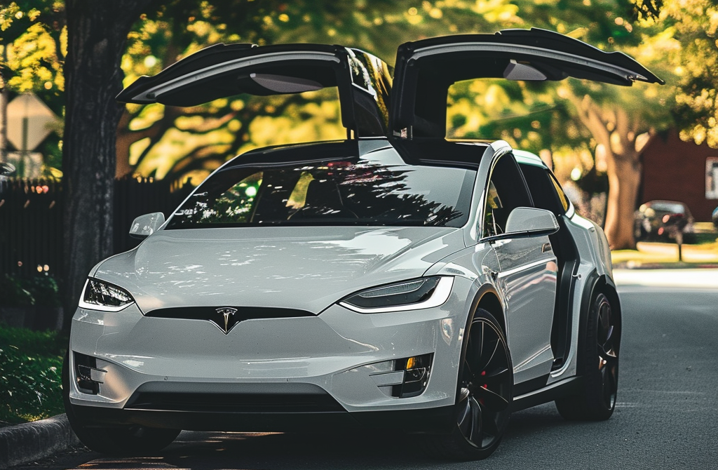 tesla car in a street with doors open